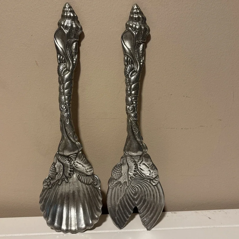 Vintage 1993 Arthur Court Aluminum Seashell Salad Serving Utensils Spoon & Fork